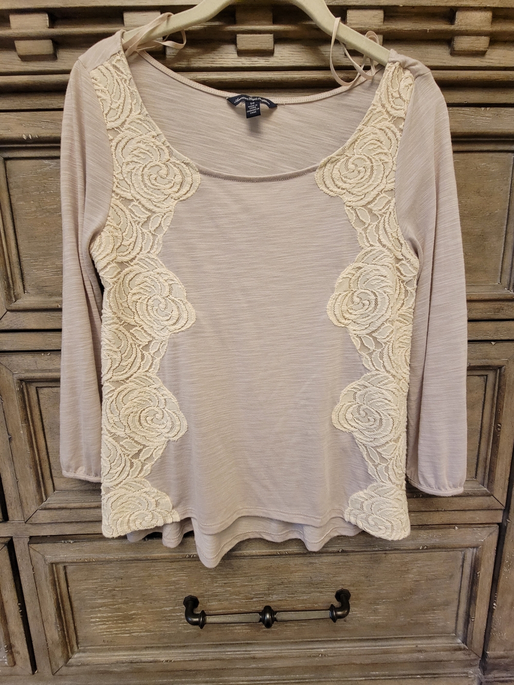 American Eagle Outfitters Beige Lace-Trim Long Sleeve Top